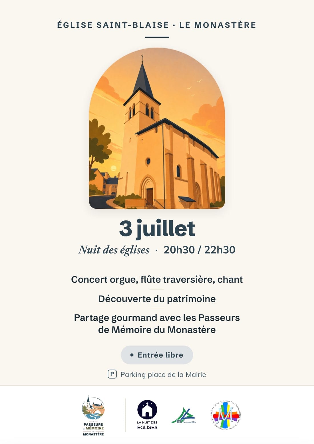Affiche de la Nuit des églises 2026 : concert orgue, flûte traversière et chant à l'église Saint-Blaise du Monastère, le 3 juillet à 20h30, entrée libre